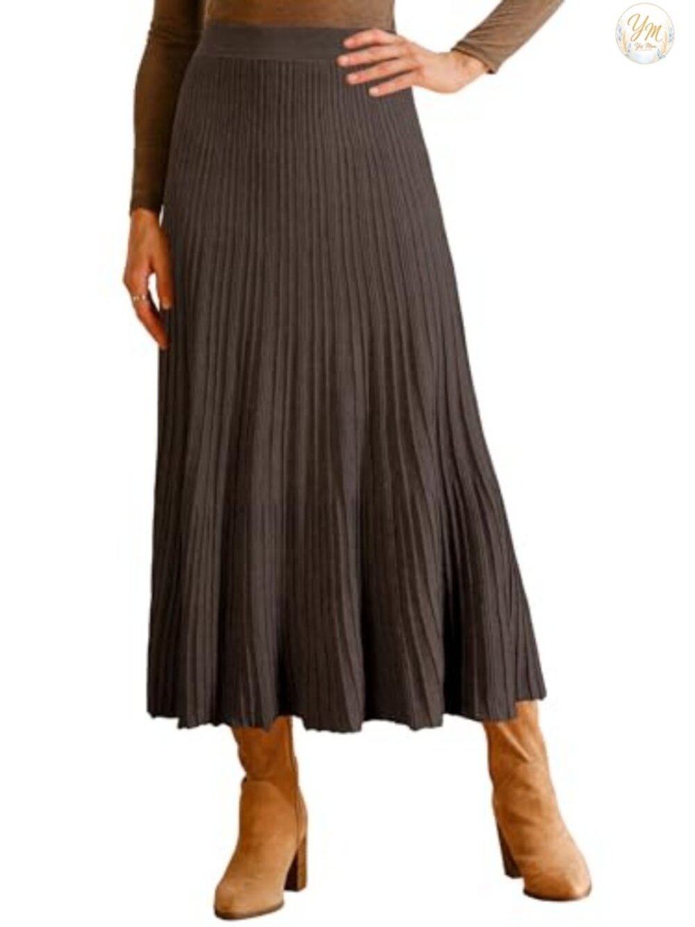 Wool Blend A-Line Pleated Flowy Calf-Length Skirt High Rise